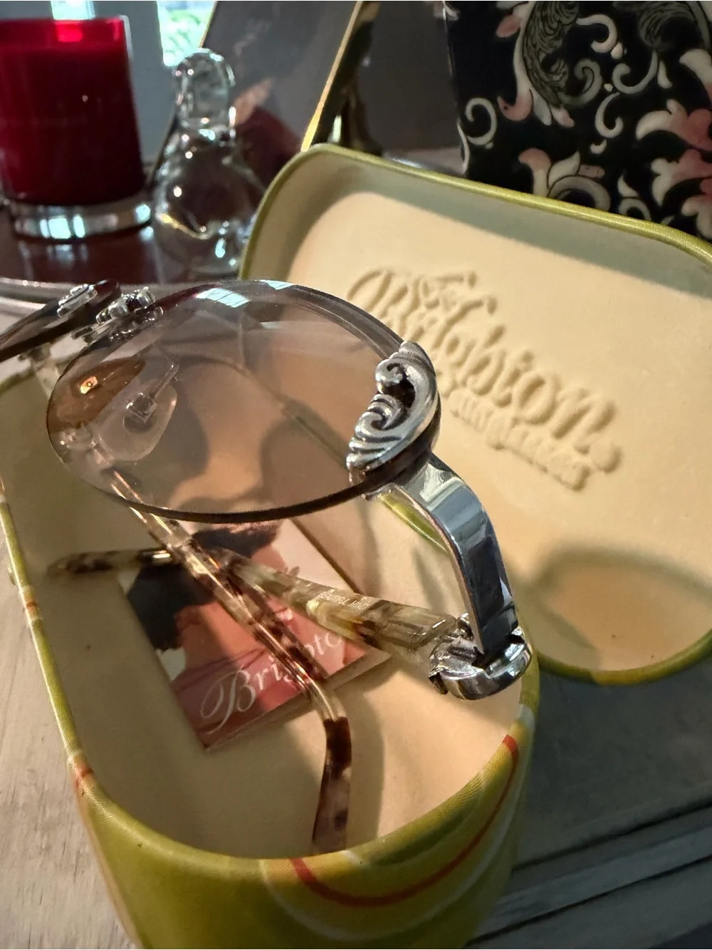 Brighton Beautiful Mind Rimless Sunglasses Brown Silver Scrollwork + Case